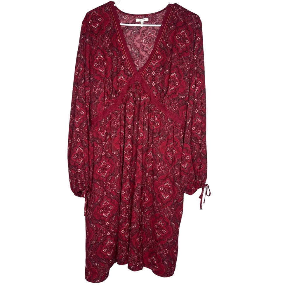 Maurices Boho Crochet Long Sleeve Dress Floral V neck Burgundy Plus Size 2x
